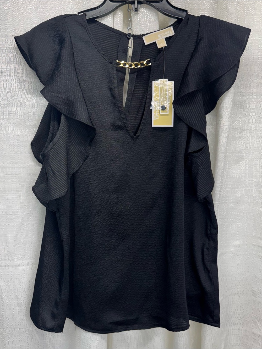 Michael Kors Women Keyhole Neck Cap Sleeves Textured Top, Black msrp $88
